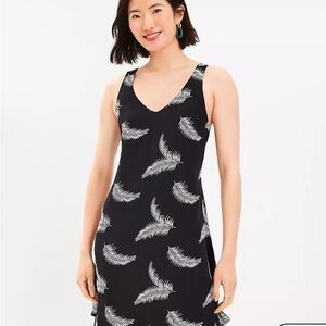 LOFT Black Midi Slip Dress with White Feather Print